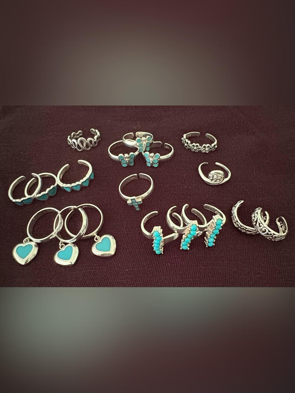 Vintage .925 Sterling Silver Boho Turquoise Toe Ring Lot (18 pieces)